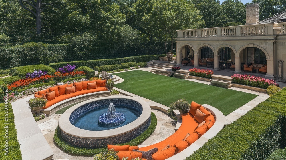Lush garden with circular fountain, orange cushions, manicured lawn, and grand house backdrop