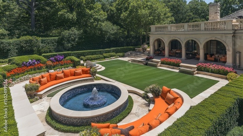Obraz na płótnie Lush garden with circular fountain, orange cushions, manicured lawn, and grand house backdrop w salonie