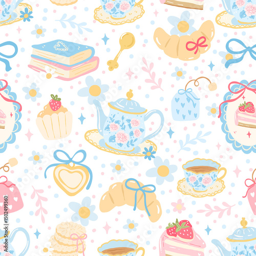 Vintage Tea Party Clipart Seamless Pattern, Teapot, Cupcake, Books, Heart Locket, Strawberry Cake, Cozy Cottagecore Style