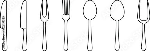 Spoon Fork and Knife Minimal Monoline Cutlery Icon Set with Clean Thin Lines on White Background.