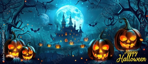Halloween background, pumpkins on the background of a spooky castle at night. 