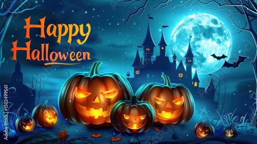 Halloween background, pumpkins on the background of a spooky castle at night. 