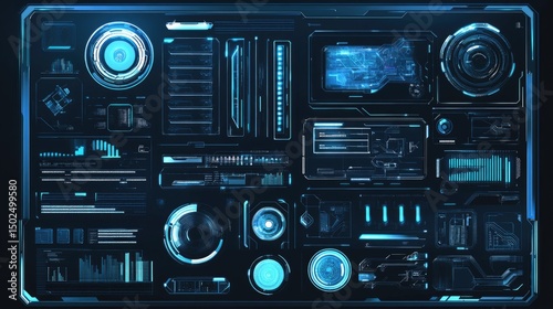 Futuristic digital dashboard with multiple interactive elements