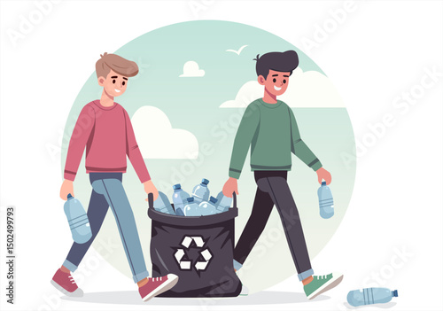 Two boys volunteer to collect recycled bottles.