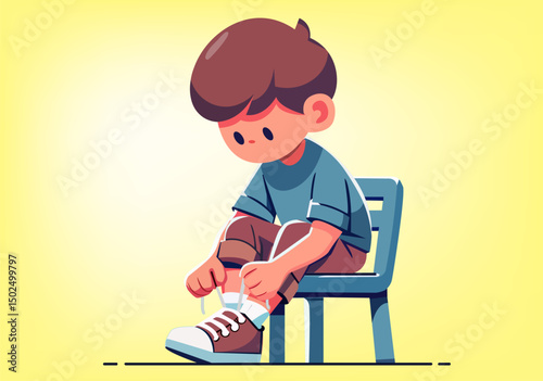 A boy is learning to tie his shoelaces.