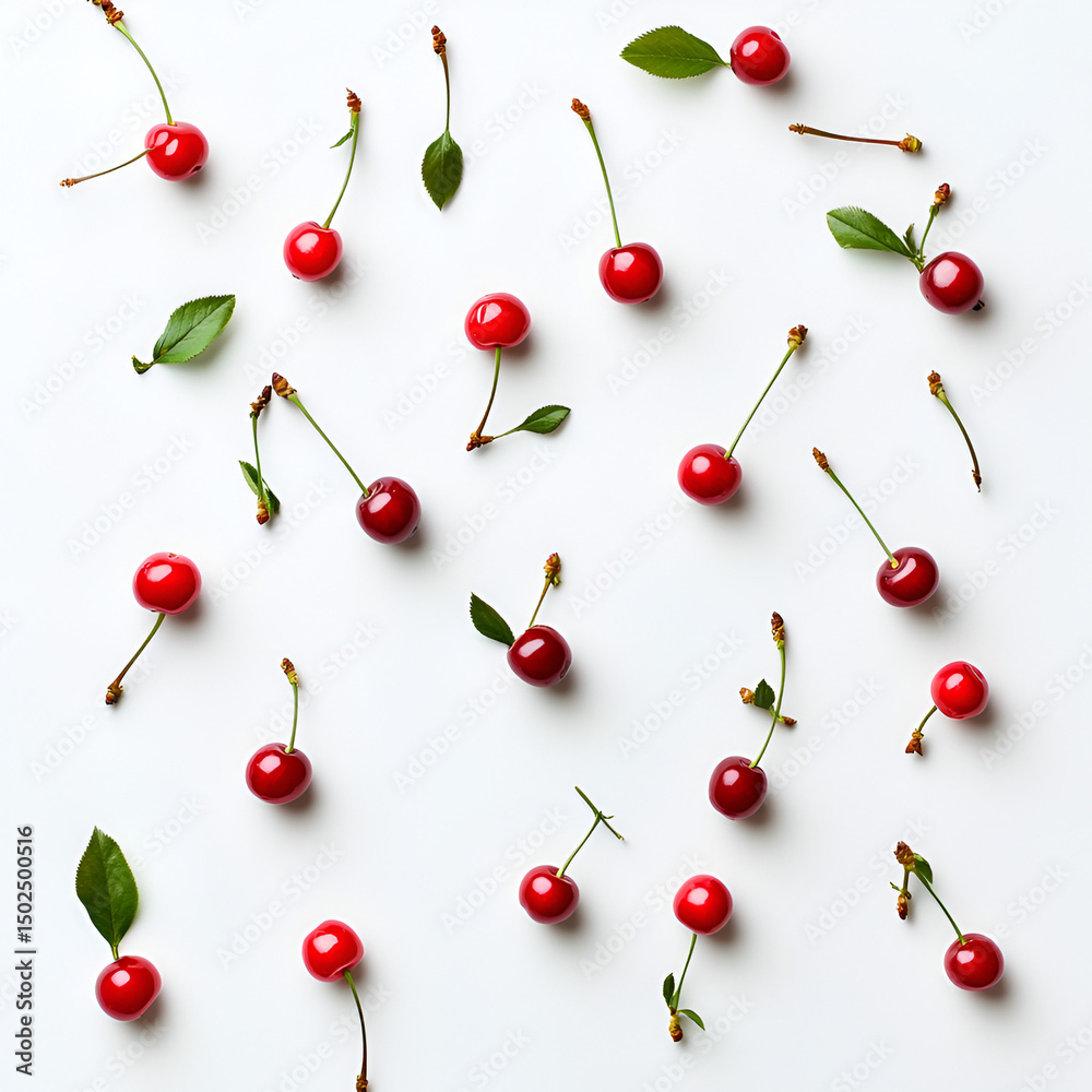 Ultra HD studio photo of fresh cherries with green stems and glossy skin on white background Ultra HD studio photo of fresh cherries with green stems and glossy skin on white background