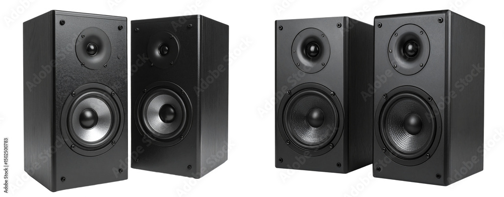 Fototapeta premium Modern Black Stereo Audio Speakers Pair Isolated on White PNG