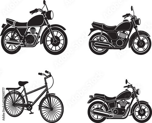 Set of vintage and retro motorcycles in vector style with chrome and black details