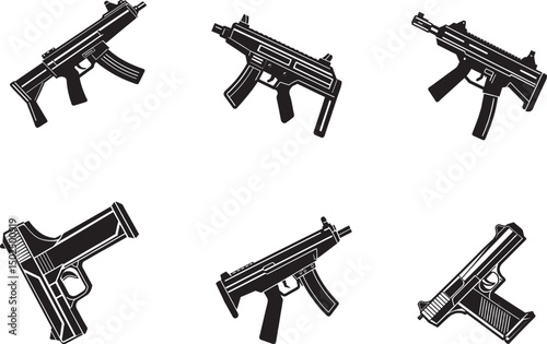 Vector illustration set of guns and bullets in black silhouette style on white background