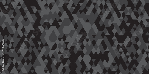 	
Abstract geometric black and gray background seamless mosaic and low polygon triangle texture wallpaper. Triangle shape retro wall grid pattern geometric ornament tile vector square element.