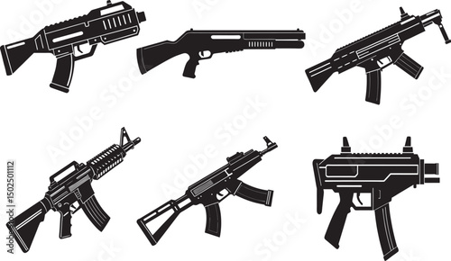 Vector illustration set of guns and bullets in black silhouette style on white background