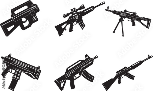 Vector illustration set of guns and bullets in black silhouette style on white background