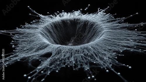 Abstract swirling vortex of light grey filaments radiating from a dark central void against a black background