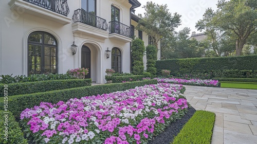 Elegant home's facade, showcasing manicured landscaping with flowering plants, paved pathway, and lush green hedges