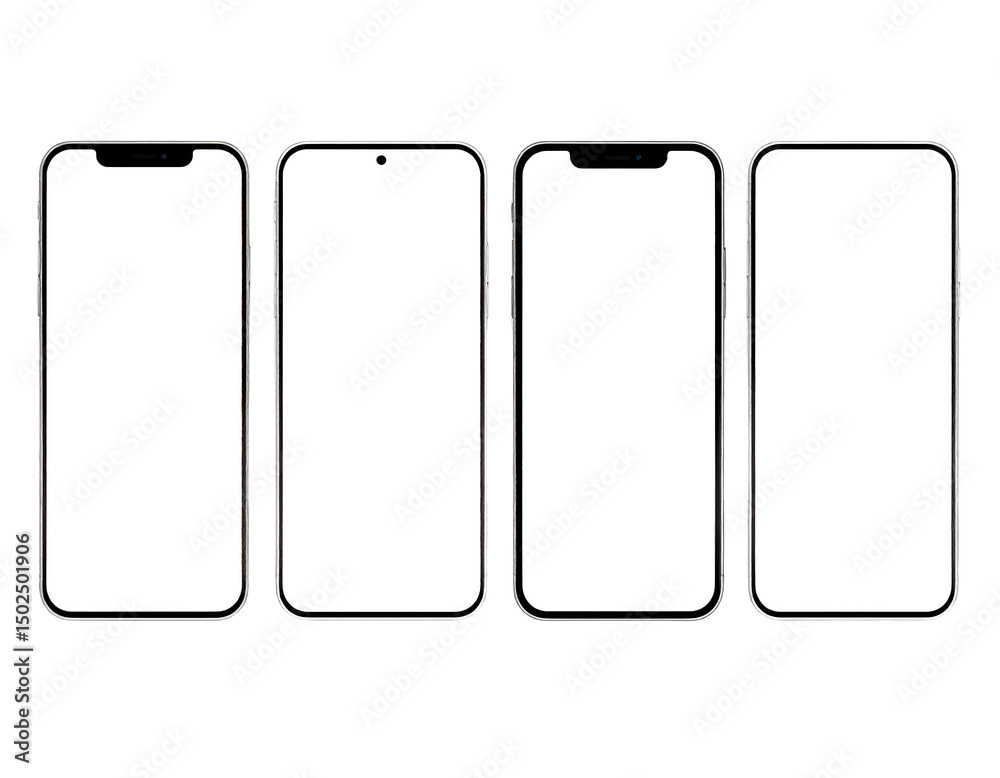 Four identical smartphones displayed side-by-side, showcasing blank screens for app or website mockup Four identical smartphones displayed side-by-side, showcasing blank screens for app or website mockup