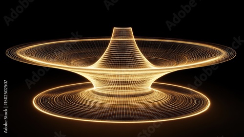 Glowing, abstract 3D structure with concentric rings and a central cone, resembling a futuristic artifact or energy field