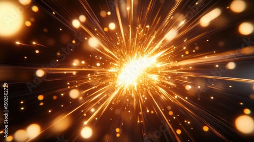 Glowing golden burst of light and particles radiating outwards in dark space