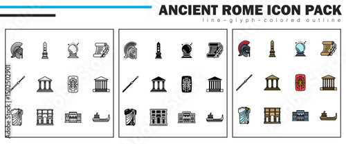 This icon set represents Roman civilization with Mosaic, Obelisk, Oracle, Parchment Scroll, Pilum, Senate, Shield, Temple, Toga, Arch, Villa, and War Galley—symbolizing culture, state, and military.
