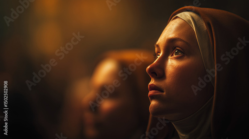Devotees praying in a church during the Feast of St. Clare, golden gradient