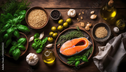 Wallpaper Mural Flatlay of Mediterranean staples: olive oil, garlic, fresh herbs, whole grains, fish, and vegetables on a wooden table Torontodigital.ca