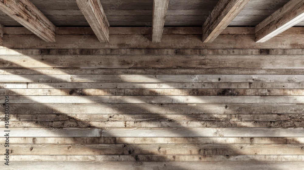 Rustic wooden wall with concrete beams, sunlit