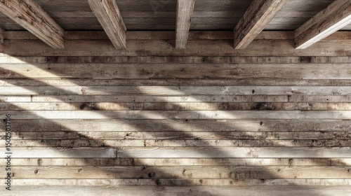Obraz na płótnie Rustic wooden wall with concrete beams, sunlit w salonie