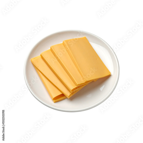 Delicious slices of yellow cheese on white plate food on transparent background