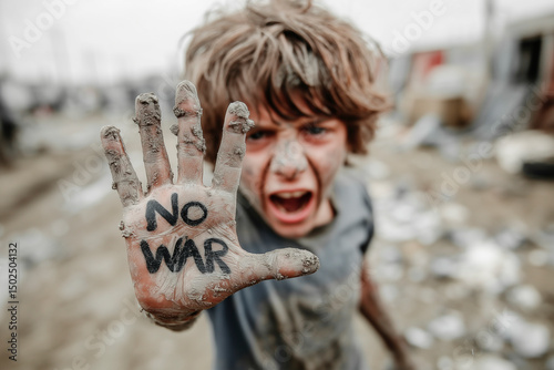 The anger and cries of a child protesting against war. A boy's hand writes the message 