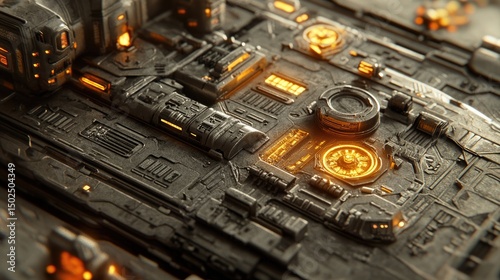 Futuristic metallic surface with glowing orange details, intricate design