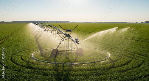 Modern center-pivot irrigation system watering green crops against bright sunlit landscape