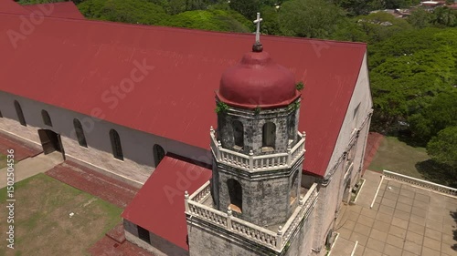 Aerial circling shot of the Lazi church bell tower.