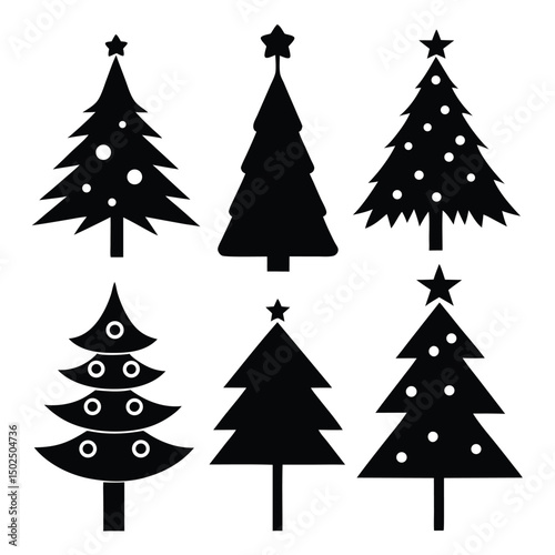 Collection of festive christmas tree silhouettes in various styles for holiday design