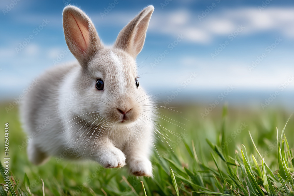 Fototapeta premium 草原を跳ねる元気なウサギ / 青空と緑の背景で生き生きとした動物の瞬間 / AI