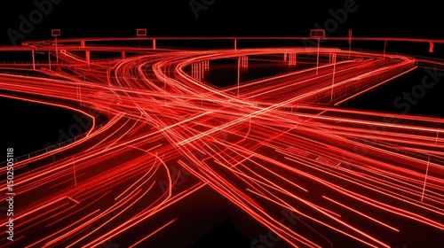 Red glowing lines depict a complex highway interchange at night