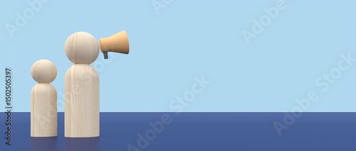 Minimal wooden figures representing communication, leadership, or announcement. One figure holding megaphone with blue background. Ideal for teamwork, business, and public speaking