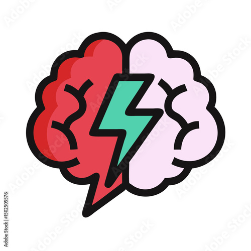 Divided brain illustration with a lightning bolt, symbolizing contrasting thoughts and ideas, Brainstorming, Thought shower
