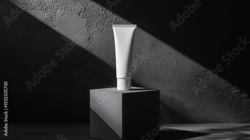 Minimalistic studio shot of a matte white squeeze tube balanced on a shadowed geometric cube, diagonal hard light on gritty backdrop