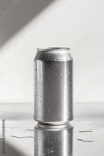 Product mockup presenting a sleek aluminium can resting on a mirror surface with gentle rim lighting and subtle condensation, displayed against a pure white background