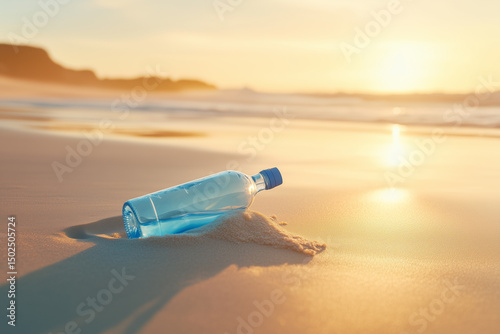 translucent blue water bottle half-buried in smooth sand at golden hour, relaxed lifestyle mood