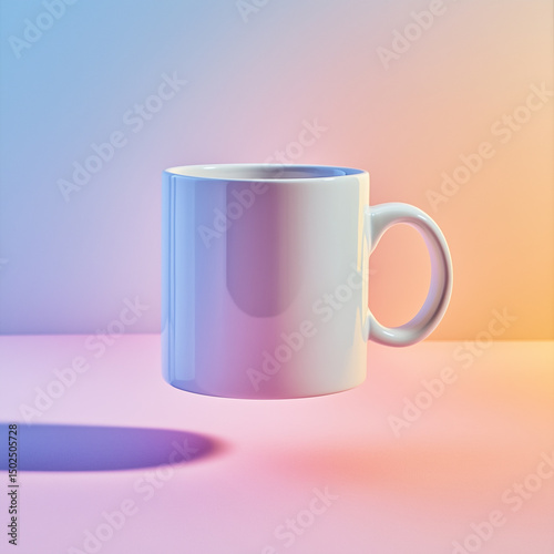 Vibrant color-pop product shot of a ceramic coffee mug floating before a pastel gradient backdrop illuminated