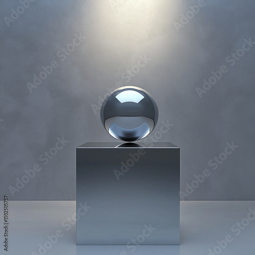 Art gallery style mockup polished chrome sphere container atop a mirrored pedestal under gradient spotlight, seamless grey infinity wall