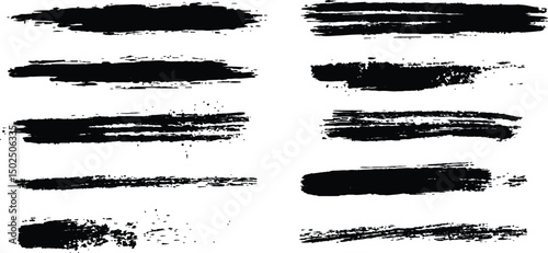 All brush strokes are isolated on white background. Vector horizontal black brush lines of differing thicknesses, demonstrating bold and striking linear artistic elements.