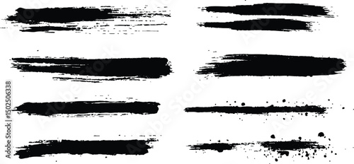 All brush strokes are isolated on white background. Vector horizontal black brush lines of differing thicknesses, demonstrating bold and striking linear artistic elements.