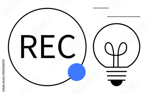 Circle with REC, blue dot, and lightbulb representation suggest recording and ideation. Ideal for creativity, productivity, innovation, brainstorming, content creation media design. Flat simple