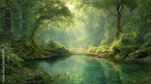 Create a serene and relaxing forest scene featuring a lush green woodland with dense trees and vibrant foliage. A calm, clear stream runs through the center, reflecting the.