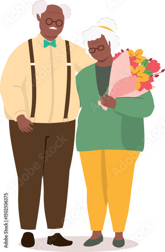 Plus Size Black Elderly Couple Standing Together With A Bouquet Of Flower.