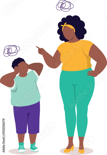 Angry Plus Size Black Mother Scolding Her Little Son. Rebellious Little Son Do Not Want To Listen To His Mother.