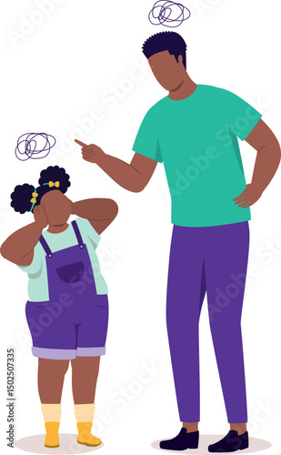 Angry Black Father Scolding His Little Daughter. Rebellious Chubby Little Girl Do Not Want To Listen To Her Father.