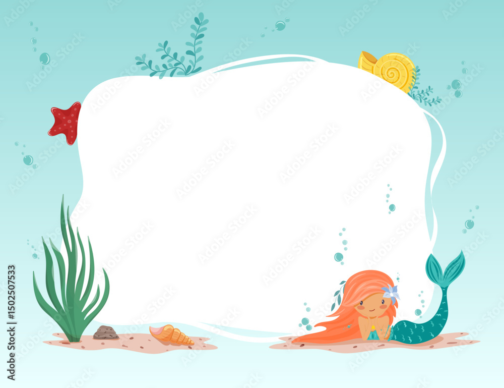 Fototapeta premium Illustration of a rectangular vector frame with a cute red haired mermaid, seaweed, shells and starfish. Suitable for kids designs and sea themed project