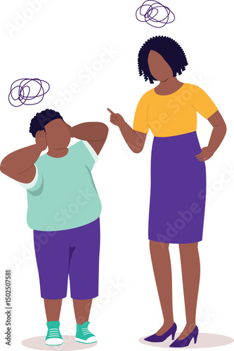 Angry Black Mother Scolding Her Little Son. Rebellious Chubby Little Boy Do Not Want To Listen To His Mother.